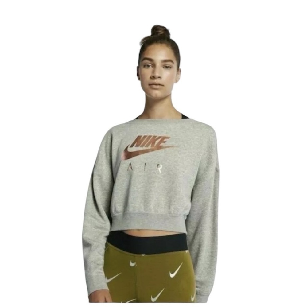 Nike Air Rose Gold Logo Metallic Grey Crop Sweatshirt Size Medium.